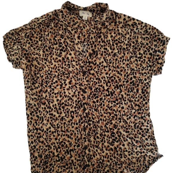 Per Se Brown Patterned Button Down Short Sleeve Blouse - Picture 3 of 4